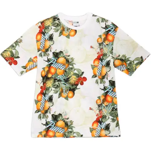 PUMA Fruity MX AOP T Shirts Men's White Crew Neck Moderate Straight Fit