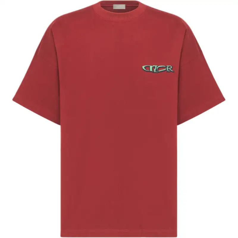 DIOR T Shirts Men's Burgundy Crew Neck Moderate Straight Fit