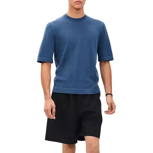 HERMES T Shirts Men's Dark Blue Crew Neck Moderate Straight Fit