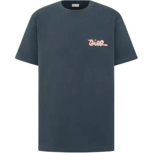 DIOR T Shirts Men's Blue Crew Neck Moderate Straight Fit