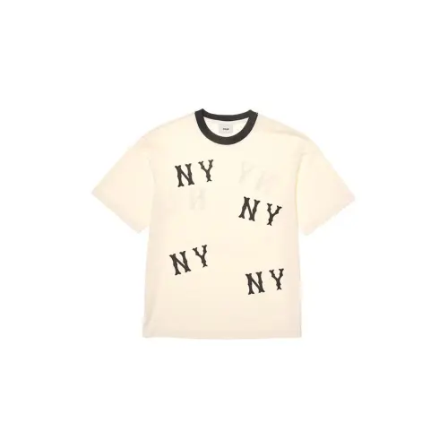 MLB New York Yankees Megagram New York Yankees T-Shirts letter round neck loose short-sleeved T-shirt for men and women, cream color