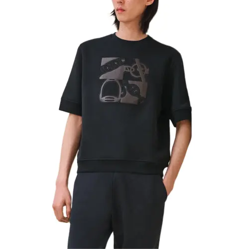 HERMES T Shirts Men's Black Crew Neck Moderate Straight Fit