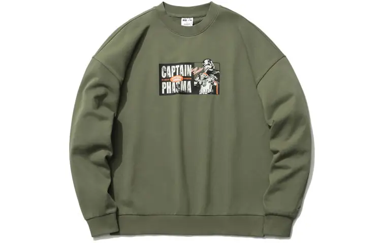 Li Ning Disney Sweatshirts Men's Army Green Crew Neck Moderate Regular