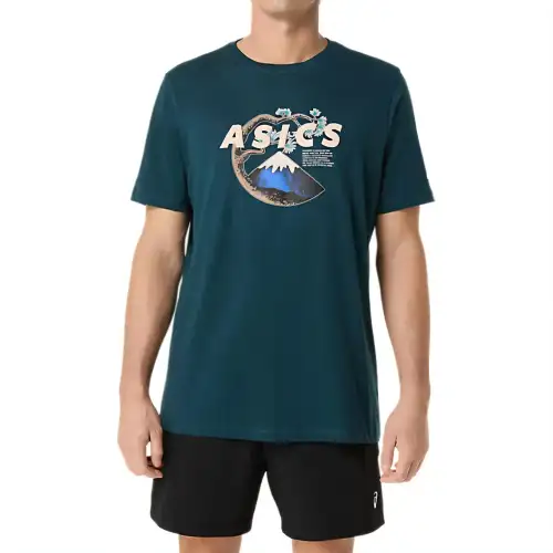 ASICS T Shirts Men's Green Crew Neck Moderate Straight Fit
