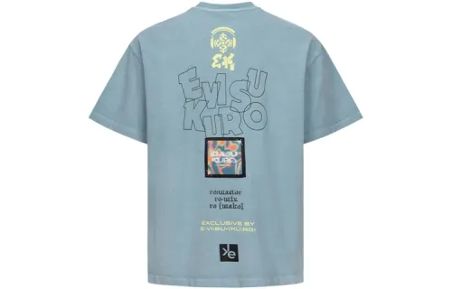 EVISU T Shirts Men's Gray Blue Crew Neck Moderate Straight Fit