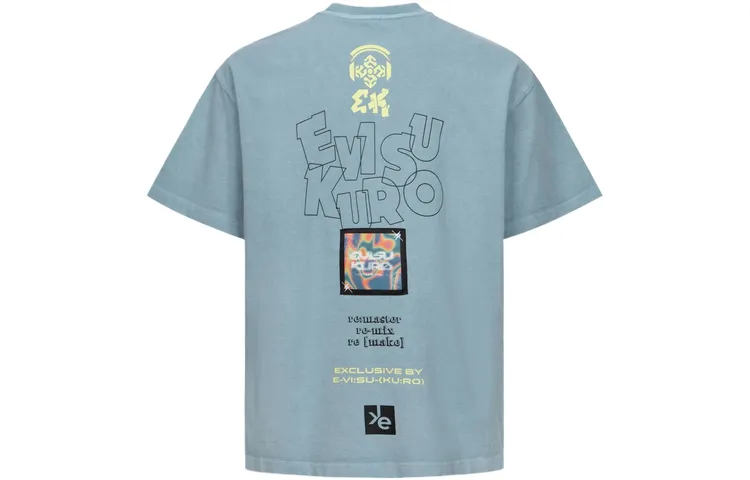 EVISU T Shirts Men's Gray Blue Crew Neck Moderate Straight Fit