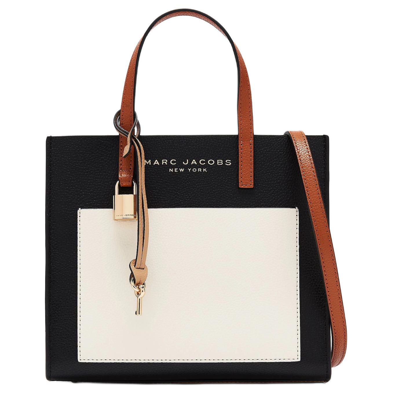 MARC JACOBS Leather Tote Small Square Bag, Handbag, Crossbody Bag Mini Women's Black White