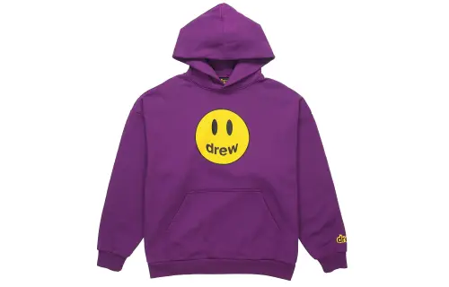 Drew House Mascot Smiley Face Collection, Smiley Face Hooded Pullover Cartoon Fleece Lined Sweatshirt Unisex Purple