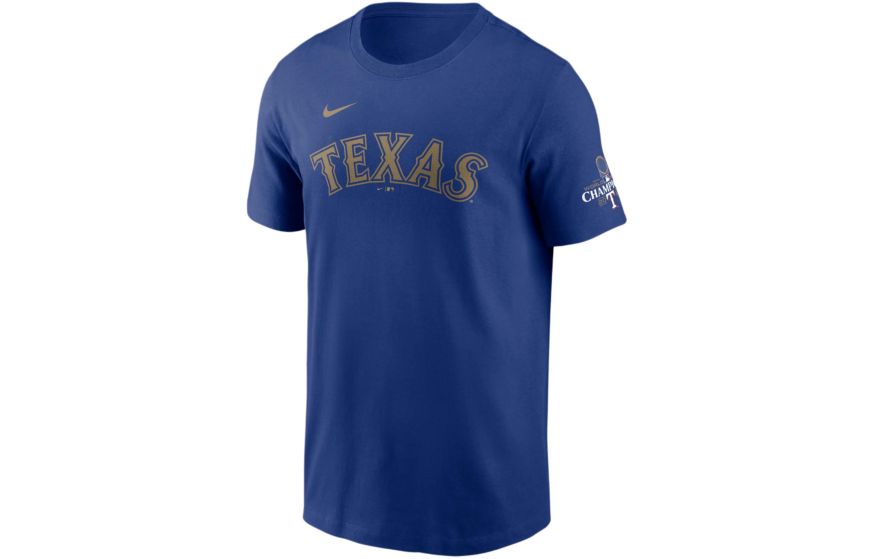 Nike X MLB joint model Texas Rangers 2023 World Series Champions Gold letter printed comfortable round neck short-sleeved T-shirt Texas Rangers Men's Rush Blue