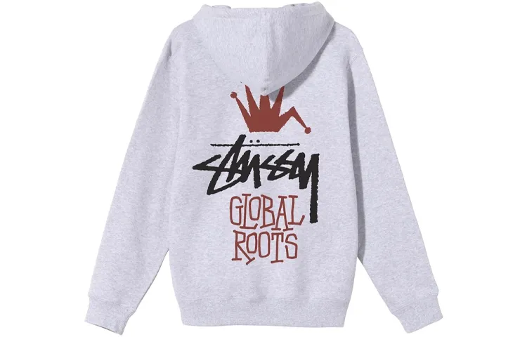 Stussy GLOBAL ROOTS HOOD Back Large Logo Printed Pattern Hooded Long Sleeved Fleece Lined Pullover Sweatshirt Winter
