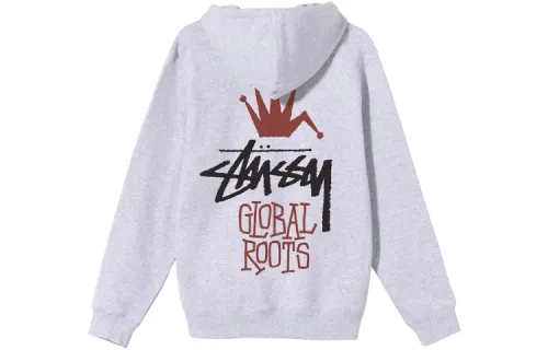Stussy GLOBAL ROOTS HOOD Back Large Logo Printed Pattern Hooded Long Sleeved Fleece Lined Pullover Sweatshirt Winter