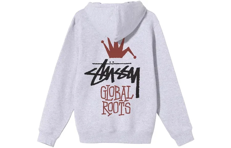 Stussy GLOBAL ROOTS HOOD Back Large Logo Printed Pattern Hooded Long Sleeved Fleece Lined Pullover Sweatshirt Winter