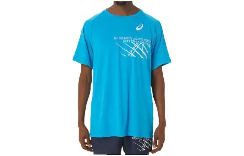 ASICS FINISH LINE T Shirts Men's Blue Crew Neck Moderate Straight Fit