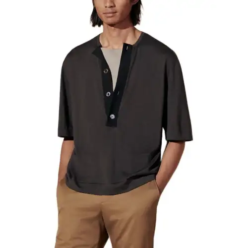 HERMES Solid Color Accordian Collar Front Button Five Button Short Sleeved SS24 T Shirt Men's Liquorice
