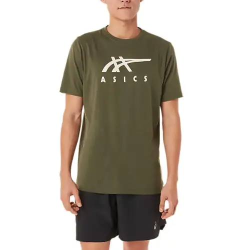 ASICS T Shirts Men's Green Crew Neck Moderate Straight Fit