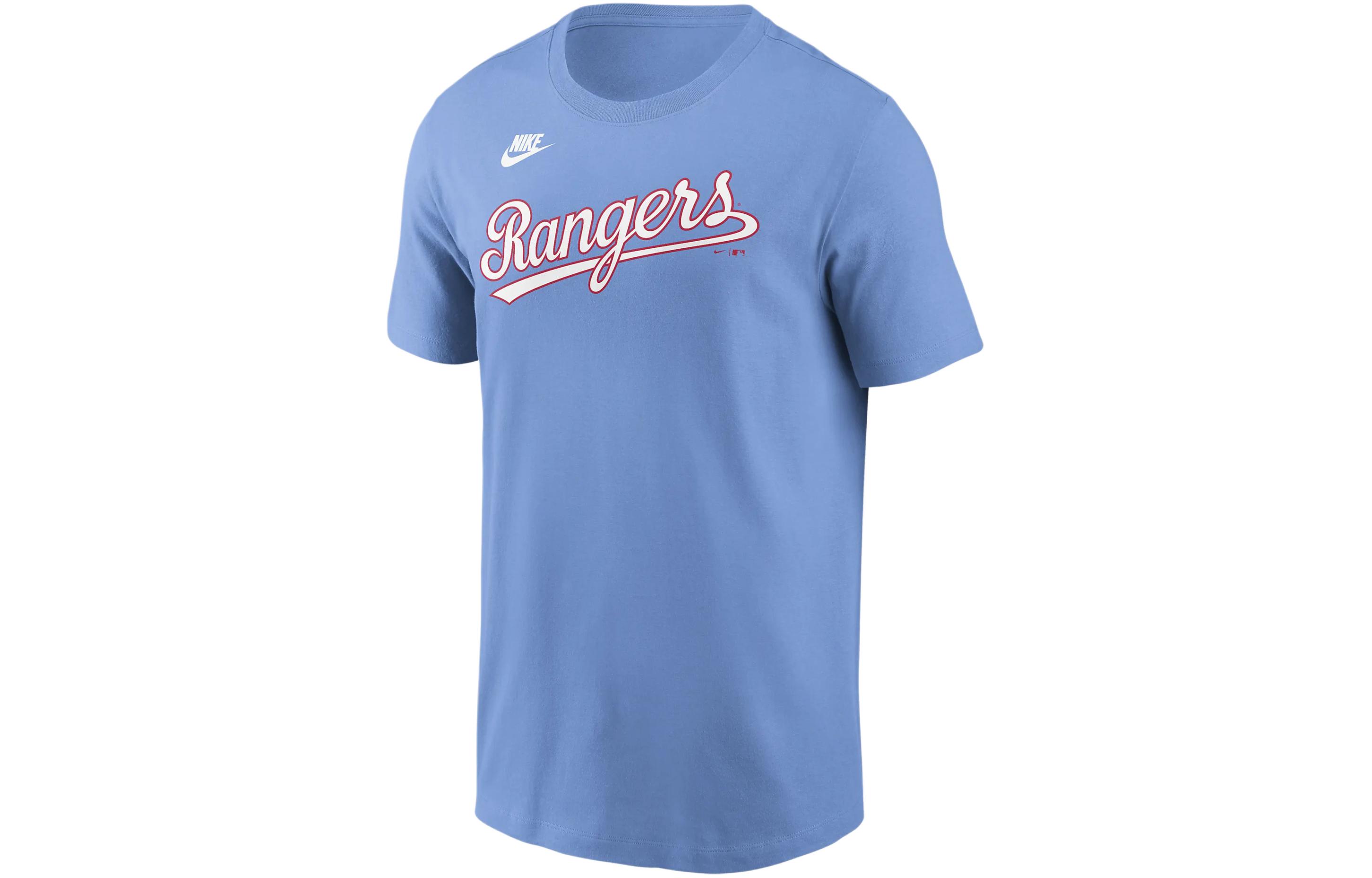 Nike Letter Print Comfortable Ribbed Round Neck Short Sleeve T-Shirt Texas Rangers Men's Light Blue