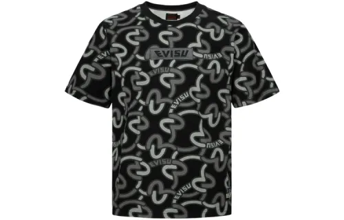 EVISU T Shirts Men's Black All Over Print Crew Neck Moderate Straight Fit