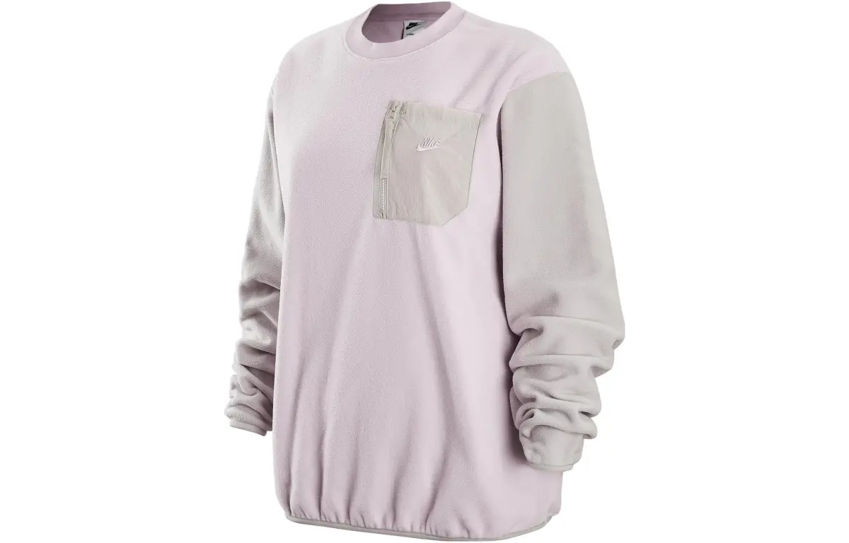 Nike Sportswear Logo Print Chest Patch Pocket Thickened And Fleece Lined Pullover Sweatshirt Men's Light Pink Purple