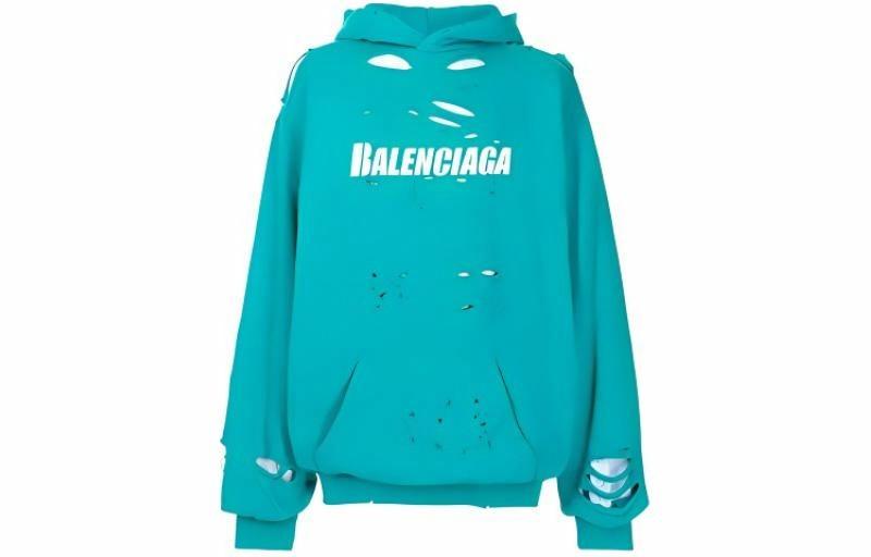 Мужское худи Balenciaga с принтом и потертостями (голубое)