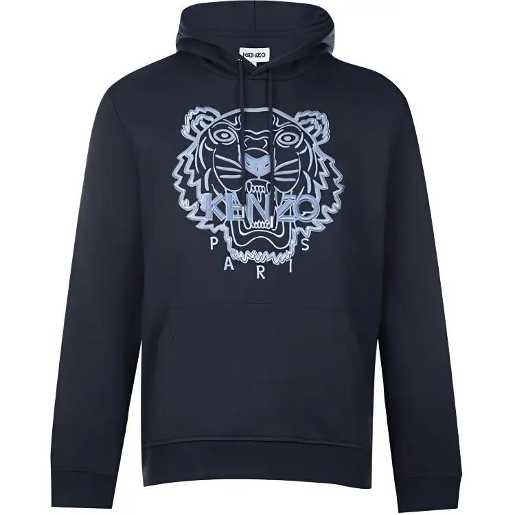 KENZO Tiger Head Embroidery Hooded Pullover Fleece Lined Sweatshirt Winter Men's Dark Blue