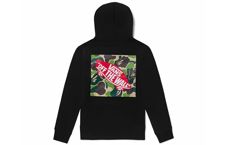 Vans x Bape Collaboration Logo Print Thickened And Fleece Lined Thermal Sports Pullover Sweatshirt Unisex Black