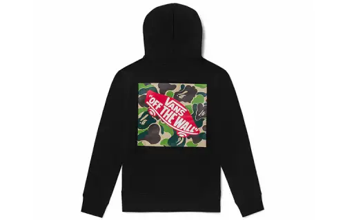 Vans x Bape Collaboration Logo Print Thickened And Fleece Lined Thermal Sports Pullover Sweatshirt Unisex Black