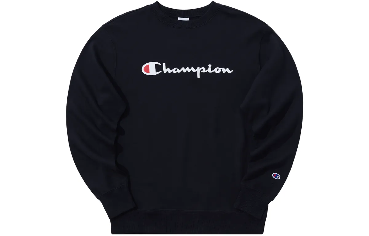 Champion Classic Logo Fleece Lined, Japan Version, Winter Pullover Crew Neck Sweatshirt Unisex Black