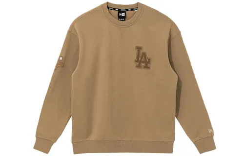 New Era FW21 MLB series Los Angeles Dodgers chest logo round neck pullover casual American sweatshirt, same style for men and women, light brown