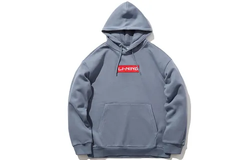 Li Ning Logo Embroidery Casual Hooded Pullover Fleece Lined Sweatshirt Unisex Flint Stones Blue