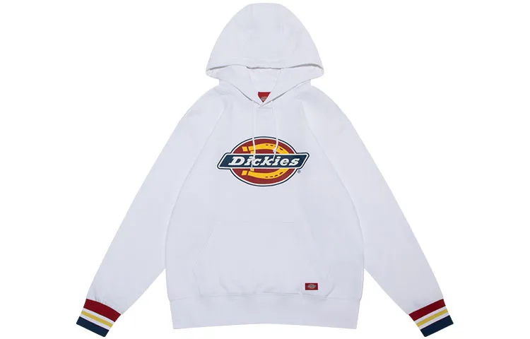 Dickies Color Blocked Large Logo Print, Fleece Lined, Drawstring, Hooded Pullover Sweatshirt Unisex White