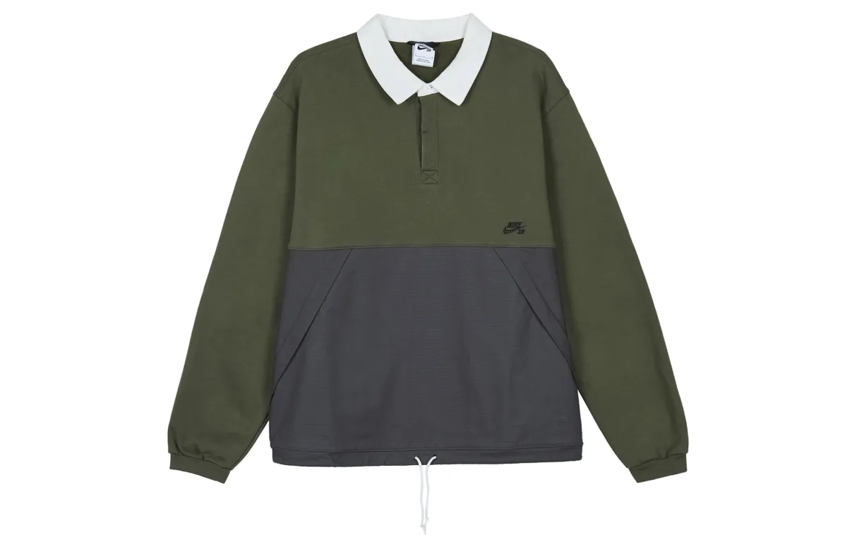 Nike Loose Fit Fleece Lined Casual Color Block Patchwork American Polo Collar Sweatshirt Unisex Khaki Green Couple's