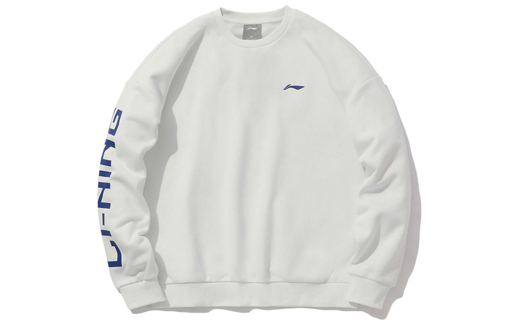 Li Ning Paris Fashion Apparel Week, Color Block Logo Print Fleece Lined Crew Neck Sports Sweatshirt Unisex White