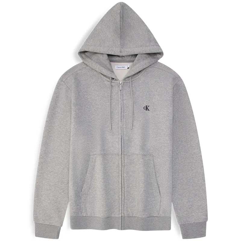 CALVIN KLEIN CK Jeans Embroidery Fleece Lined Zippers Open Collar Hooded Sweatshirt Men's Coconut Gray