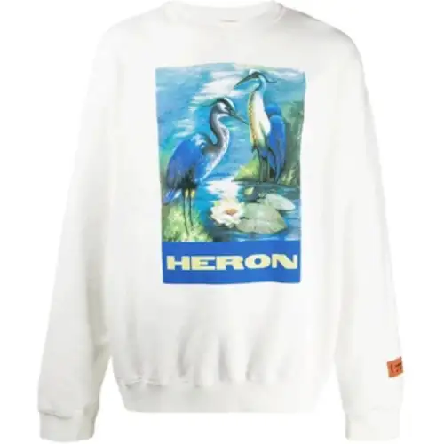 HERON PRESTON Crane Print Fleece Lined Sweatshirt Unisex White