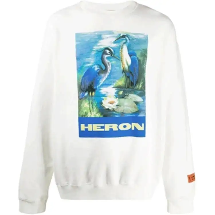 HERON PRESTON Crane Print Fleece Lined Sweatshirt Unisex White
