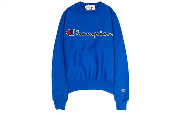 Champion Script Letter Flock Fleece Lined Crew Neck Sweatshirt US Version Unisex Blue