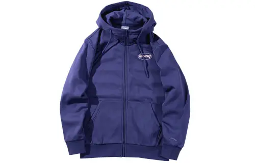 Li Ning Sports Life Collection Logo Print Fleece Lined Thermal Zippers Hooded Sweatshirt Men's Blue