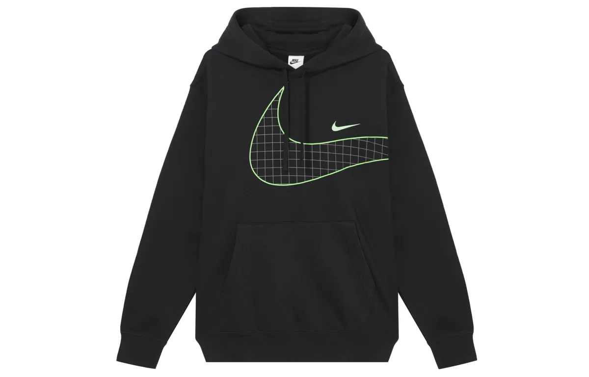 Nike Large Logo Print Sports Knitted Fabric Fleece Lined Hooded Pullover Sweatshirt Men's Black