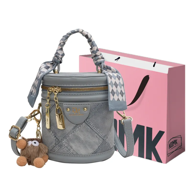 NOMK Pu Bucket Bag, Cylinder Bag, Shoulder Bag, Crossbody Bag, Handbag Regular Women's Black/Blue/Ecru