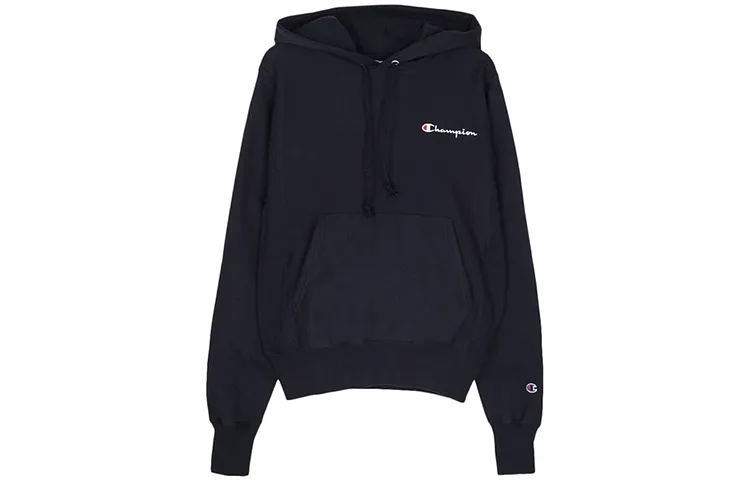 Champion Left Chest Script Logo Kangaroo Pouch Fleece Lined Sweatshirt US Version Unisex Navy Blue