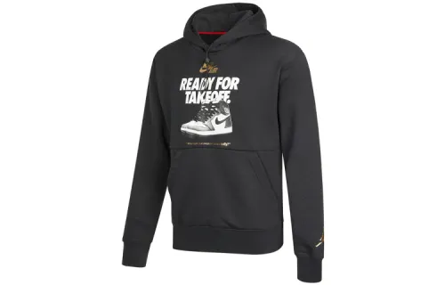 Jordan Air Basketball Shoe Letter Print Hooded Fleece Lined Pullover Sweatshirt Men's Black