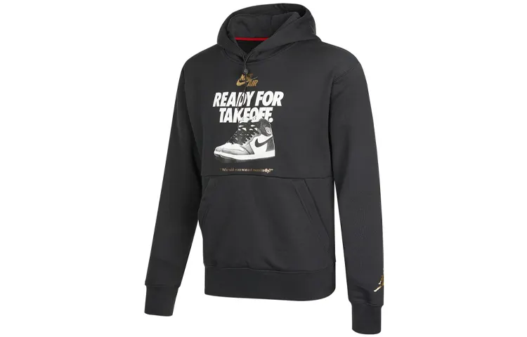 Jordan Air Basketball Shoe Letter Print Hooded Fleece Lined Pullover Sweatshirt Men's Black