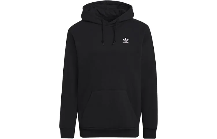 Adidas Originals Trefoil Essentials Solid Color Small Logo Fleece Lined Sports Hooded Pullover Sweatshirt Men's Black