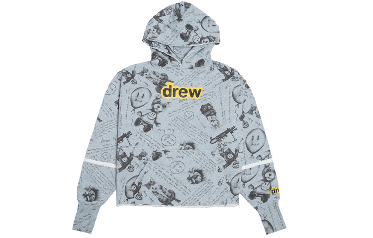 Drew House FW21 Idears Deconstructed Hoodie Idears Heather Grey Hooded Fleece Pullover With Patchwork Cartoon Print