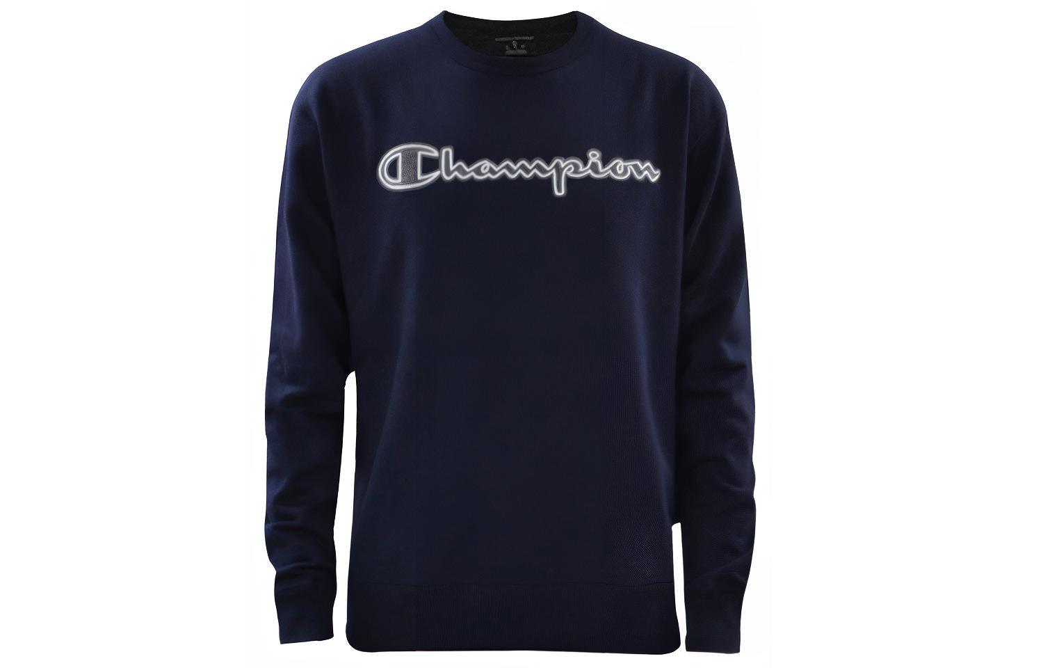 Champion FW21 Letter Print Fleece Lined Casual Pullover US Version Sweatshirt Unisex Navy Blue