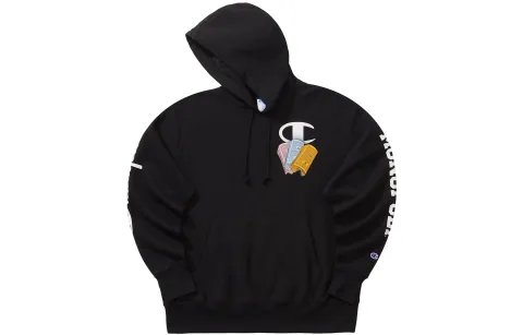 Champion Hasbro Collaboration, Print Logo Hooded Pullover Thickened And Fleece Lined Athleisure Sweatshirt Unisex Black