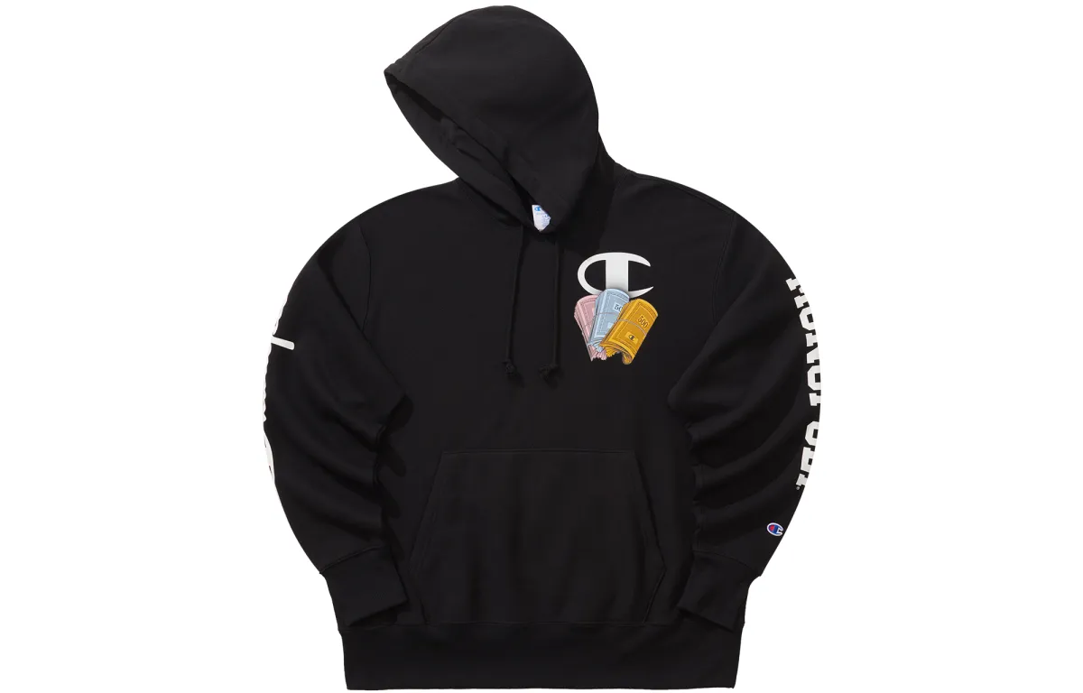 Champion Hasbro Collaboration, Print Logo Hooded Pullover Thickened And Fleece Lined Athleisure Sweatshirt Unisex Black