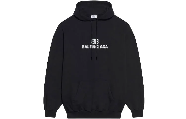 Balenciaga Logo Letter Print Drawstring Fleece Lined Long Sleeved Sweatshirt Loose Fit Men's Black