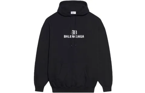 Balenciaga Logo Letter Print Drawstring Fleece Lined Long Sleeved Sweatshirt Loose Fit Men's Black