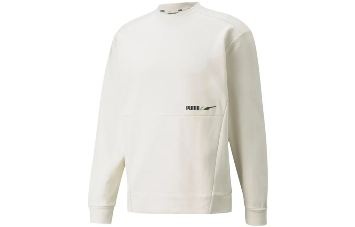 PUMA Logo Solid Color Thickened And Fleece Lined Sports Knitted Fabric Crew Neck Pullover Sweatshirt Men's Ivory White